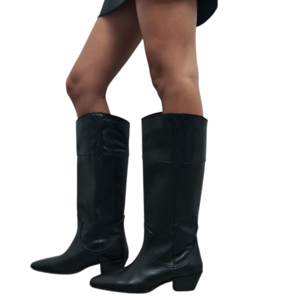 Zara Leather Cowboy Boots Knee High Black Stacked Heel Western Women’s Size 6.5